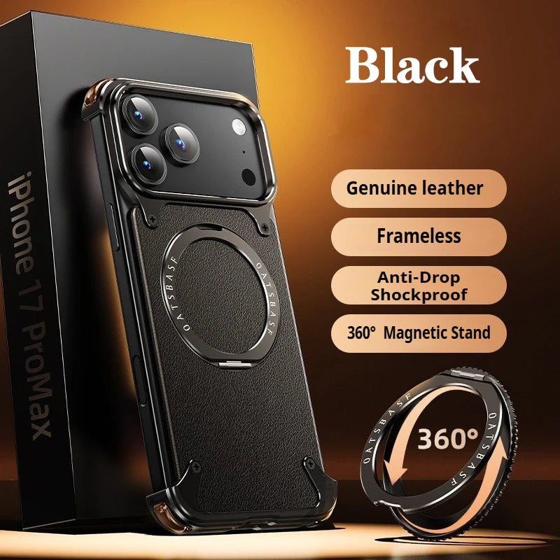 Eary for iPhone 17 Pro Max Air Phone Case Genuine Leather Magsafe Frameless Shell With 360°Rotate Magnetic Stand Anti-Drop Cover