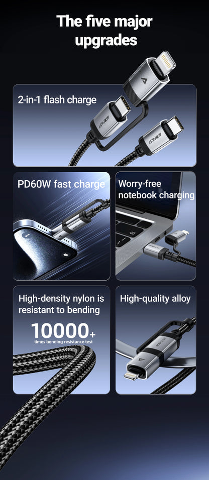 ACEFAST 2 in 1 MFi Certified USB-C to USB-C / Lightning Fast Charging PD60W Phone Cable For iPhone 16/15 Pro Max Wired Cord 1.2M