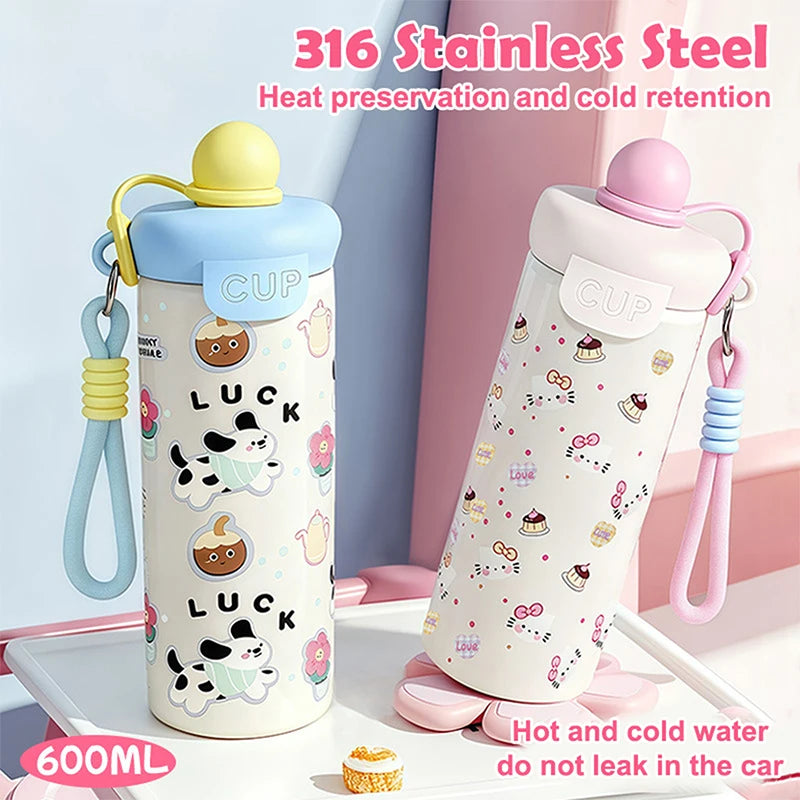 ♥Cartoon Animal Float Ball Water Bottle - 316 Stainless Steel Insulated Tumbler with Straw & Carry Strap for Kids and Students