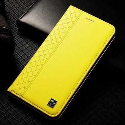 For OnePlus Nord 5 CE5 5G Flip Case Grid Pattern Magnetic Cover Luxury Cowhide Genuine Leather Card Pocket Wallet Cases Covers