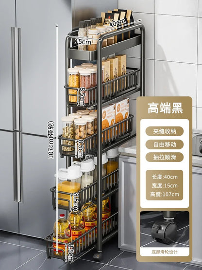Side of Refrigerator Storage Rack Ultra Narrow Pull-out Seasoning Rack Multifunctional Bathroom Shelf with Pulley Kitchen Cart