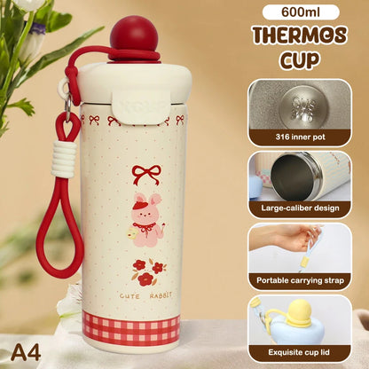 ♥Cartoon Animal Float Ball Water Bottle - 316 Stainless Steel Insulated Tumbler with Straw & Carry Strap for Kids and Students