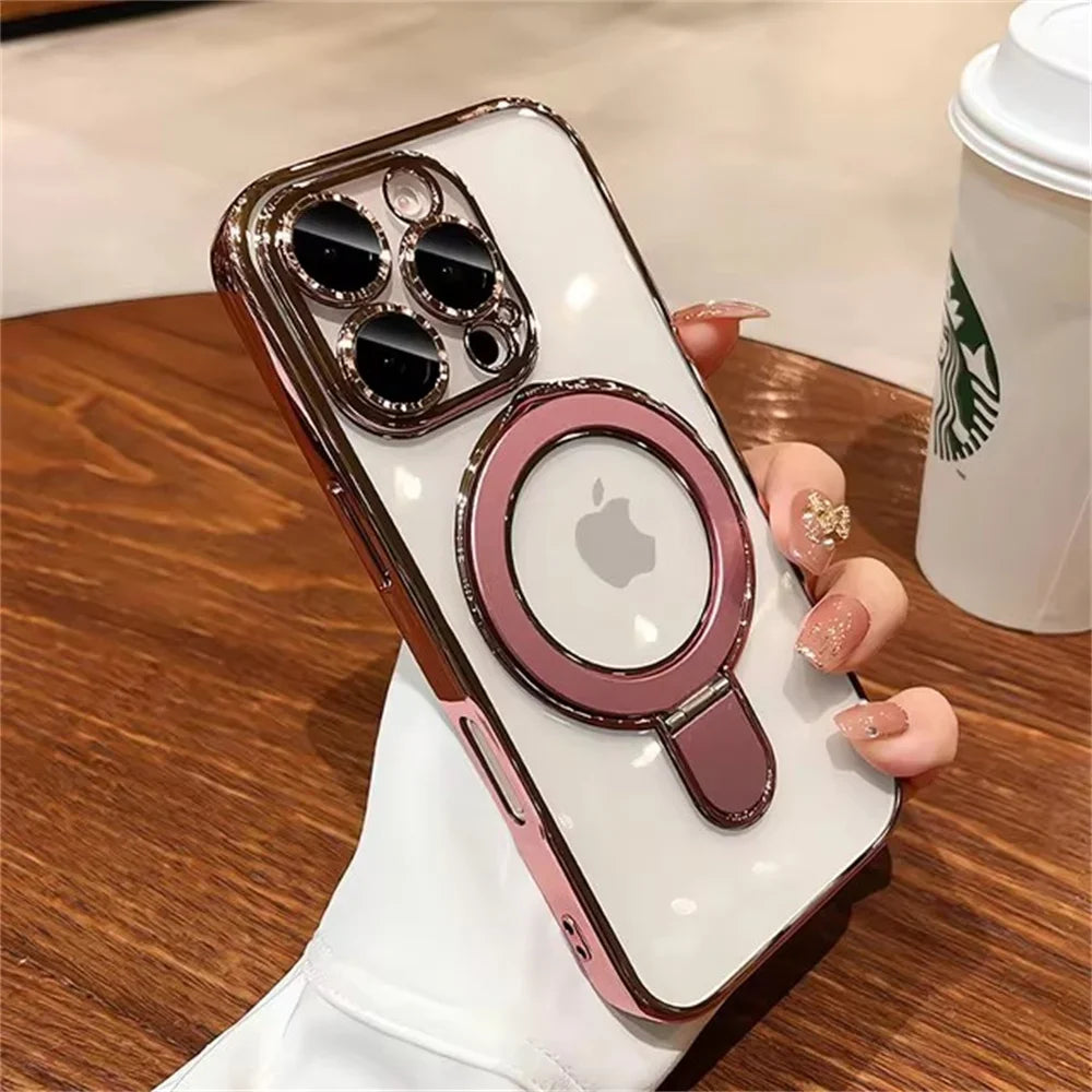 Luxury For Magsafe Bracket Case For iPhone 16 15 14 13 12 11 17 Pro Max 15 Plus Magnetic Ring Stand Holder Clear Acrylic Cover