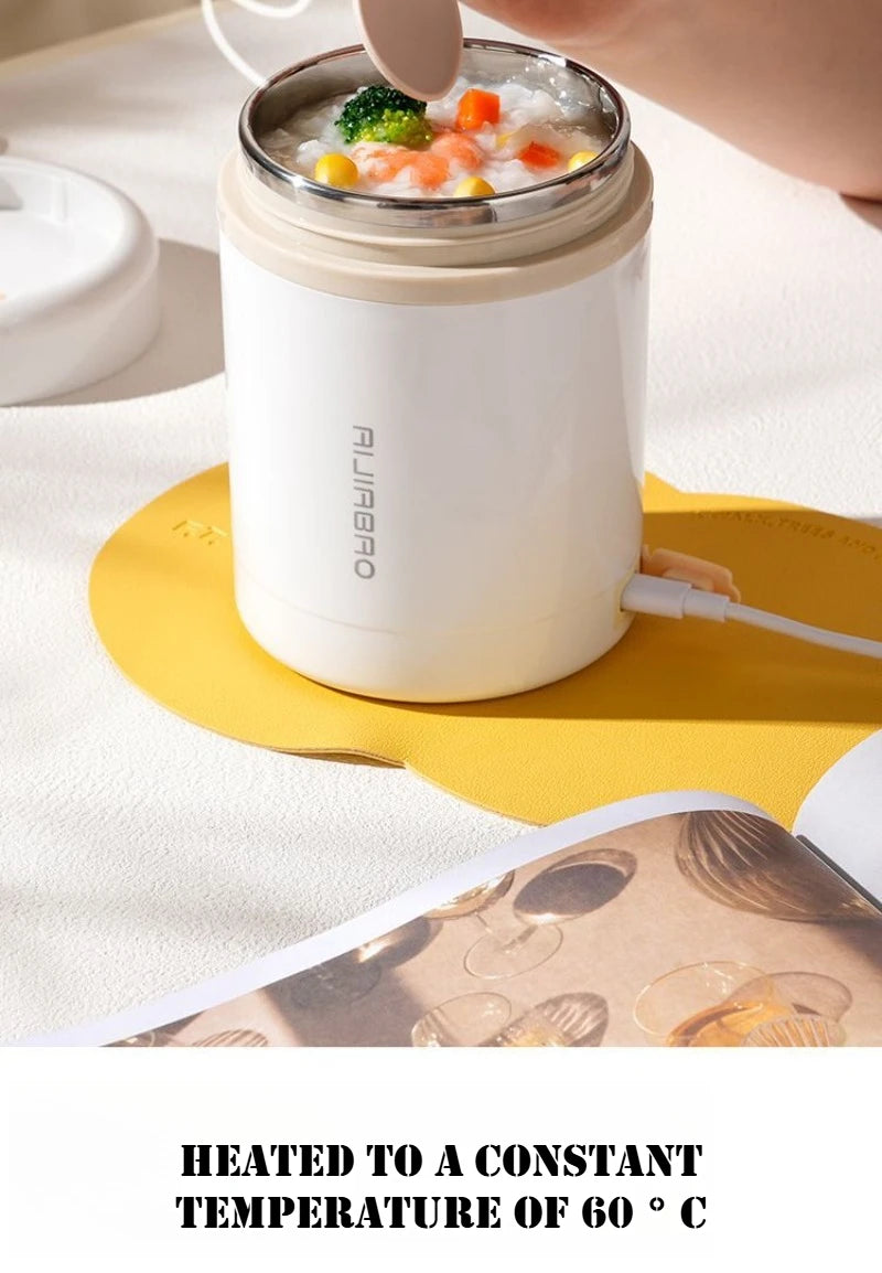 JUSTINLAU 600ML USB Electric Heating Lunch Box 304 Stainless Steel+PP Portable Food Warmer with Spoon for Working&camping Use