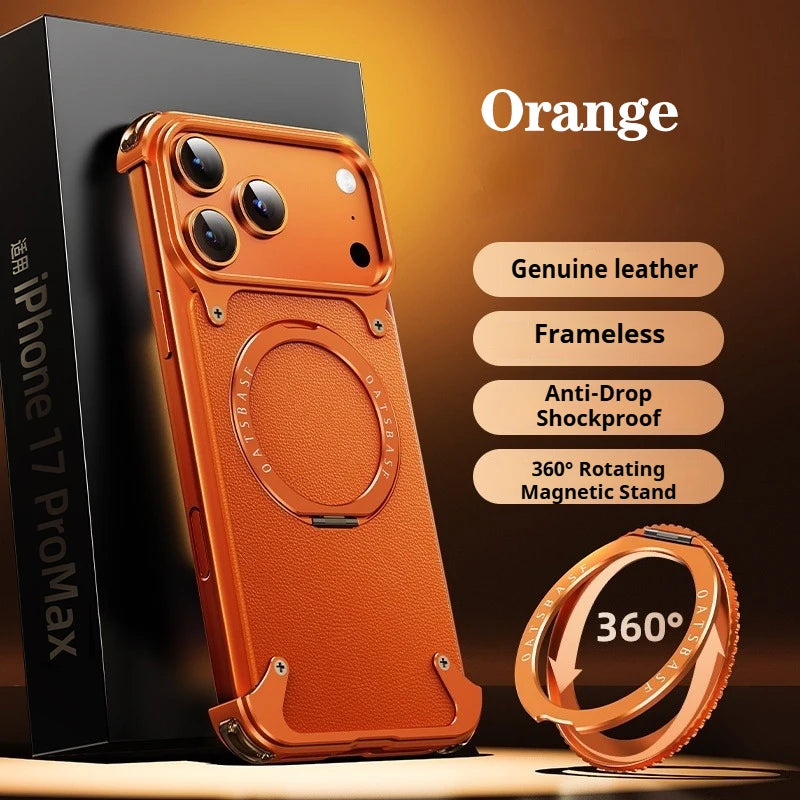 Eary for iPhone 17 Pro Max Air Phone Case Genuine Leather Magsafe Frameless Shell With 360°Rotate Magnetic Stand Anti-Drop Cover