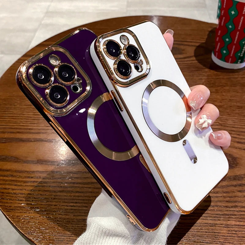 Luxury Plating Solid Color Magnetic Wireless Charge Case For iPhone 11 12 13 14 15 16 17 Air Pro Max Plus Shockproof Soft Cover