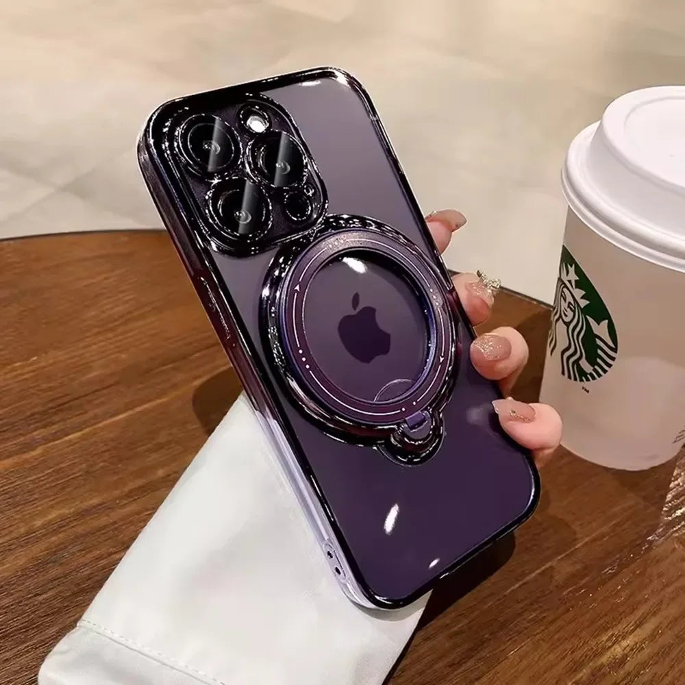 Luxury For Magsafe Bracket Case For iPhone 16 15 14 13 12 11 17 Pro Max 15 Plus Magnetic Ring Stand Holder Clear Acrylic Cover
