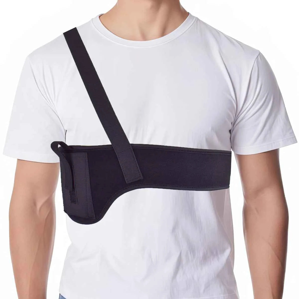 Shoulder concealed underarm holster strapped across chest on a black neoprene multifunctional outdoor tactical belt.