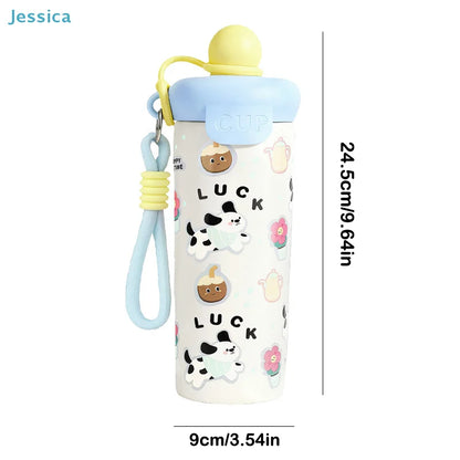 ♥Cartoon Animal Float Ball Water Bottle - 316 Stainless Steel Insulated Tumbler with Straw & Carry Strap for Kids and Students