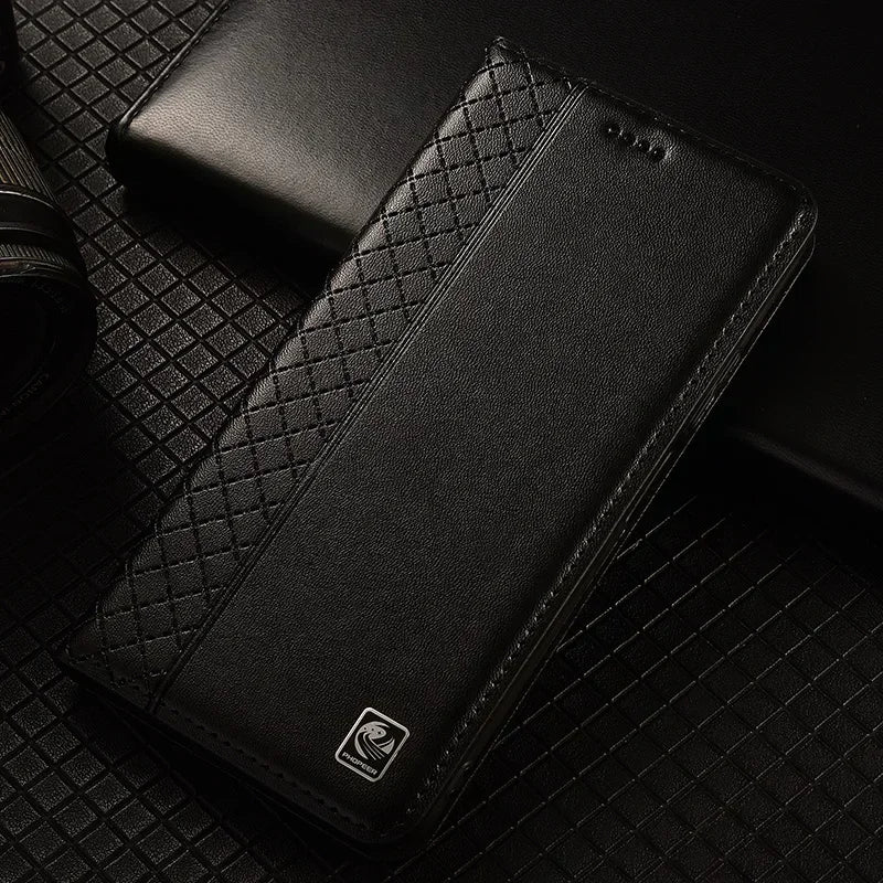 For OnePlus Nord 5 CE5 5G Flip Case Grid Pattern Magnetic Cover Luxury Cowhide Genuine Leather Card Pocket Wallet Cases Covers
