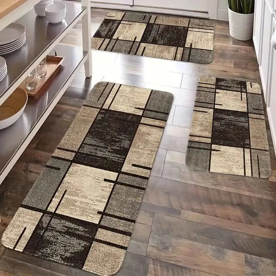 Modern Brown Geometric Kitchen Mat Decor Non-Slip Hallway Balcony Laundry Room Rugs Bathroom Foot Pad Bedroom Door Mat Decor