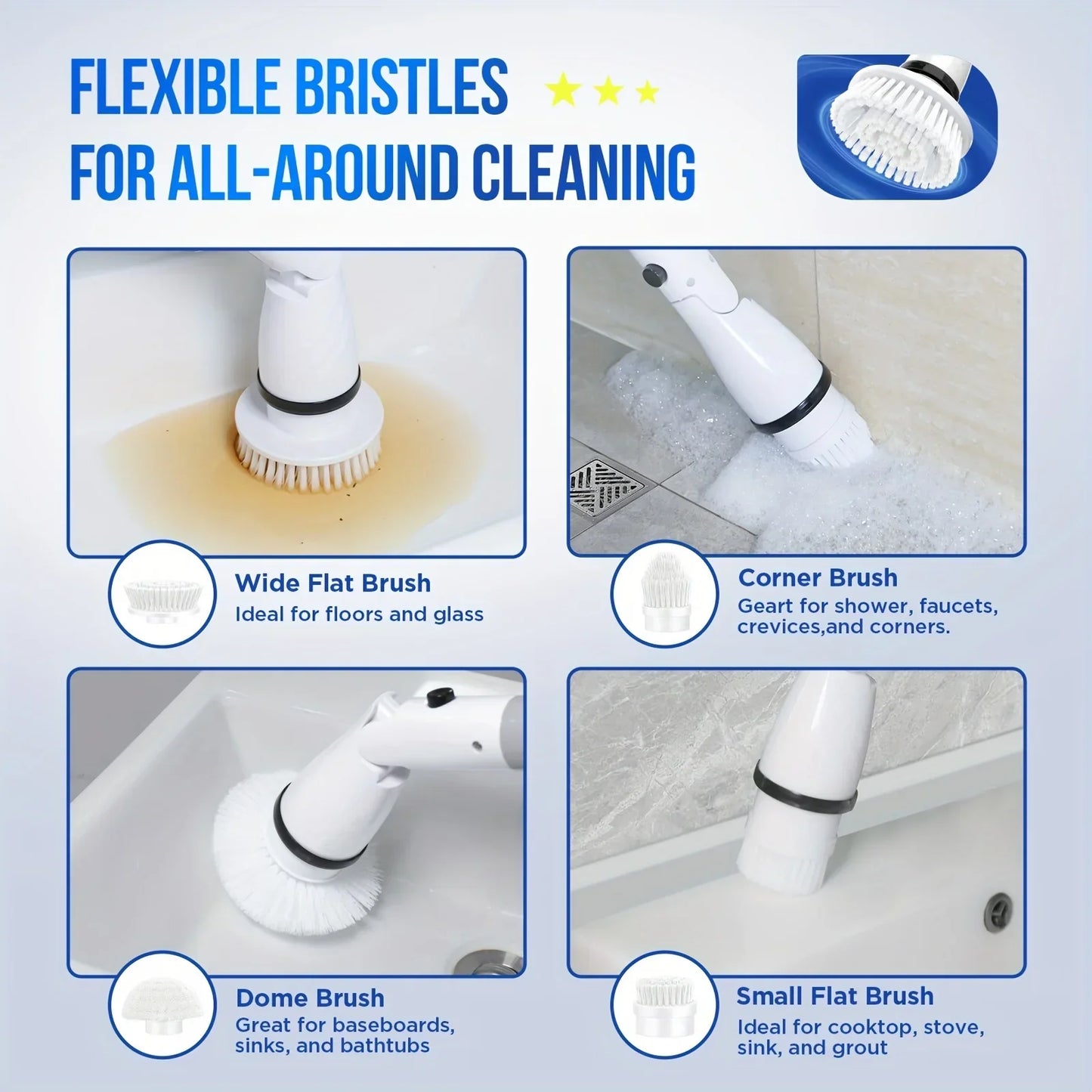 Electric Spin Scrubber - Cordless Cleaning Brush with 4 Heads and Extended Handle for Bathroom, Kitchen and More