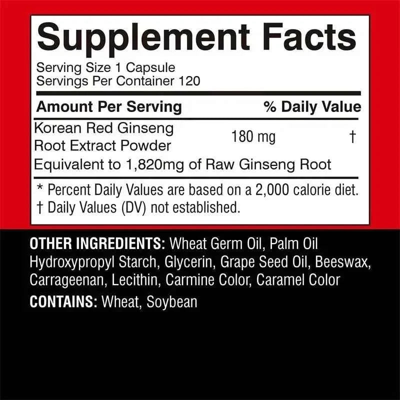 Korean Red Ginseng Supplement 120 Capsules for Energy and Stress Relief