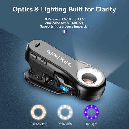 APEXEL 40X/80X/120X Microscope 3in1 Jewelry Lenses with LED Light/Universal Clip for iPhone 17/pro max 16/Android Smartphones