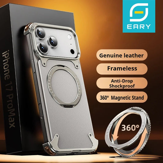 Eary for iPhone 17 Pro Max Air Phone Case Genuine Leather Magsafe Frameless Shell With 360°Rotate Magnetic Stand Anti-Drop Cover