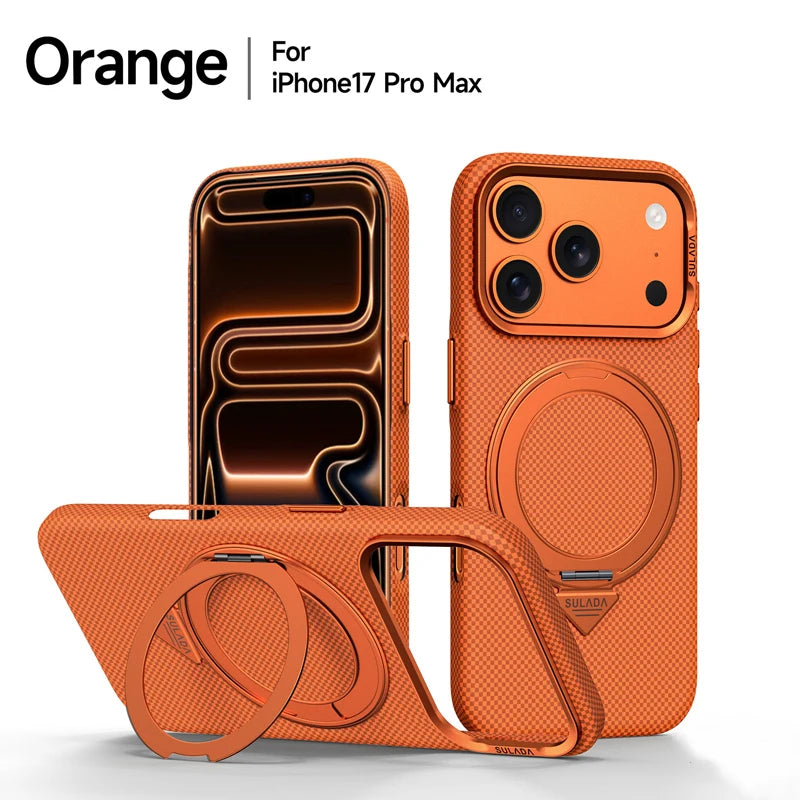 Alloy Lens 360 Rotating Bracket Magnetic Case for iPhone 17Pro Max 16 pro Carbon Fiber Texture Wireless Charge Frosted PC Cover