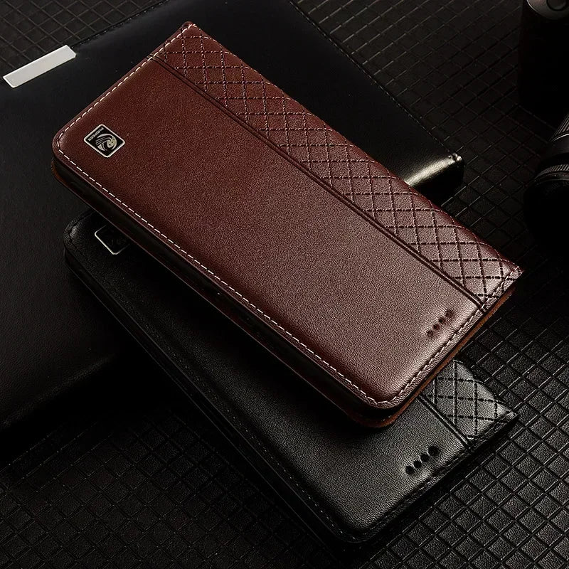 For OnePlus Nord 5 CE5 5G Flip Case Grid Pattern Magnetic Cover Luxury Cowhide Genuine Leather Card Pocket Wallet Cases Covers