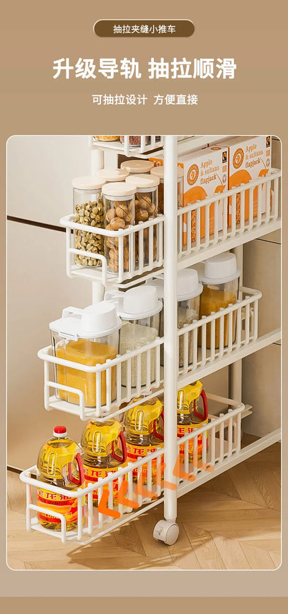 Side of Refrigerator Storage Rack Ultra Narrow Pull-out Seasoning Rack Multifunctional Bathroom Shelf with Pulley Kitchen Cart