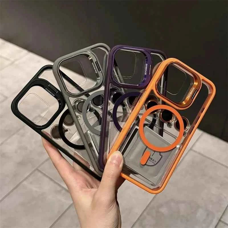 Luxury Magnetic Shockproof Phone Case For iPhone 11 12 13 14 15 16 Pro Max Plus Magsafe Glass Lens Stand Protection Back Cover