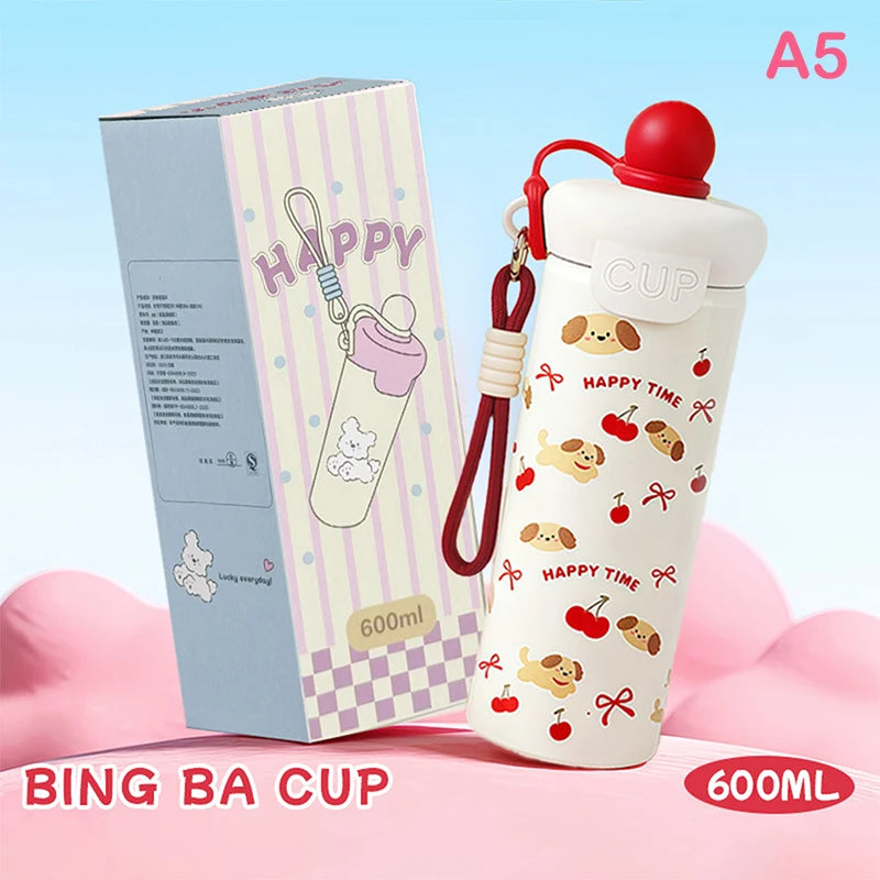 ♥Cartoon Animal Float Ball Water Bottle - 316 Stainless Steel Insulated Tumbler with Straw & Carry Strap for Kids and Students