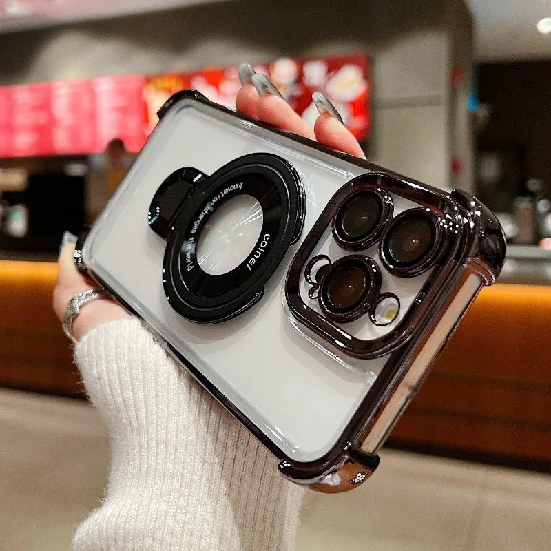 Fashion Plating Magnetic Bracket Case for iPhone 17 16 15 14 13 12 Pro Max Case With Holder Stand Shockproof Cover for Magsafe