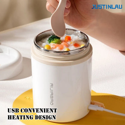 JUSTINLAU 600ML USB Electric Heating Lunch Box 304 Stainless Steel+PP Portable Food Warmer with Spoon for Working&camping Use