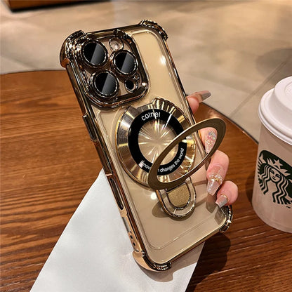 For iPhone 16 Pro Max Luxury Transparent Holder Stand Plating Frame Phone Case For iPhone 13 14 15 Plus 17 Air Protective Cover