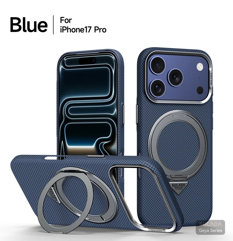 Alloy Lens 360 Rotating Bracket Magnetic Case for iPhone 17Pro Max 16 pro Carbon Fiber Texture Wireless Charge Frosted PC Cover