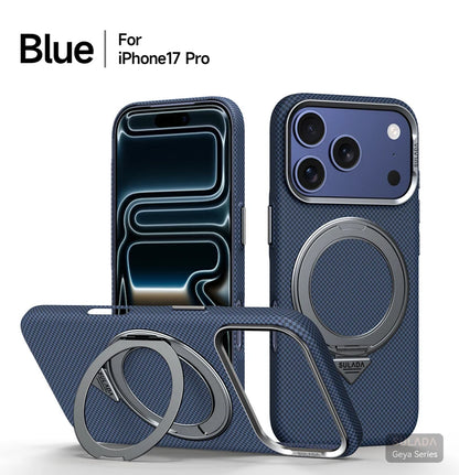 Alloy Lens 360 Rotating Bracket Magnetic Case for iPhone 17Pro Max 16 pro Carbon Fiber Texture Wireless Charge Frosted PC Cover