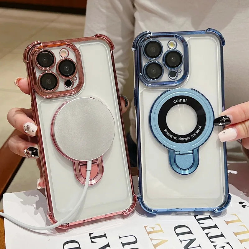 Fashion Plating Magnetic Bracket Case for iPhone 17 16 15 14 13 12 Pro Max Case With Holder Stand Shockproof Cover for Magsafe