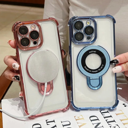 Fashion Plating Magnetic Bracket Case for iPhone 17 16 15 14 13 12 Pro Max Case With Holder Stand Shockproof Cover for Magsafe