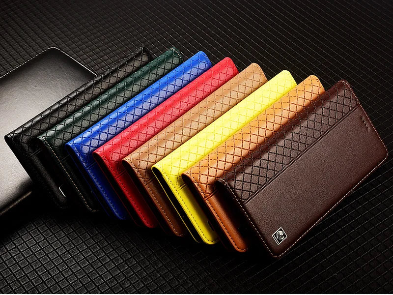 For OnePlus Nord 5 CE5 5G Flip Case Grid Pattern Magnetic Cover Luxury Cowhide Genuine Leather Card Pocket Wallet Cases Covers