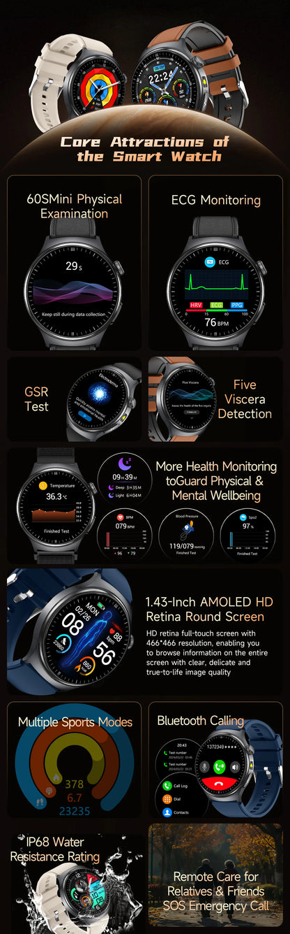 2026 New upgrade Health Check Smart Watch ECG Blood Lipid Uric Acid Body Fat BP Sport Waterproof HD Call Smart Watch Man Women