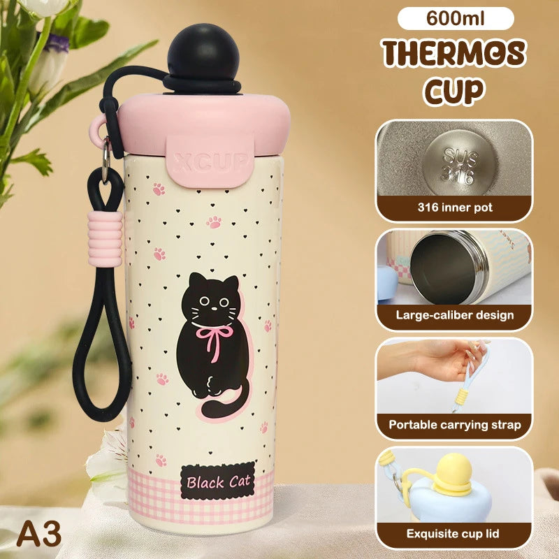 ♥Cartoon Animal Float Ball Water Bottle - 316 Stainless Steel Insulated Tumbler with Straw & Carry Strap for Kids and Students
