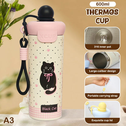 ♥Cartoon Animal Float Ball Water Bottle - 316 Stainless Steel Insulated Tumbler with Straw & Carry Strap for Kids and Students