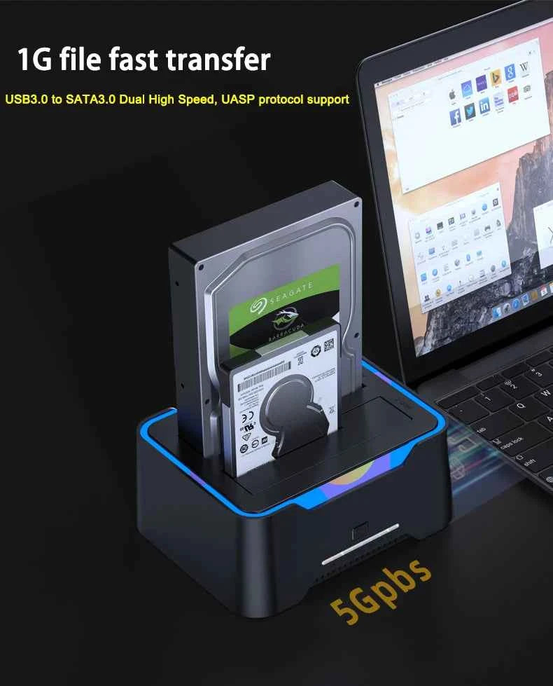 2.5 3.5 Inch Dual Disk SATA Hard Drive Dock USB3 RGB Lights USB C 3.1 12V 3A