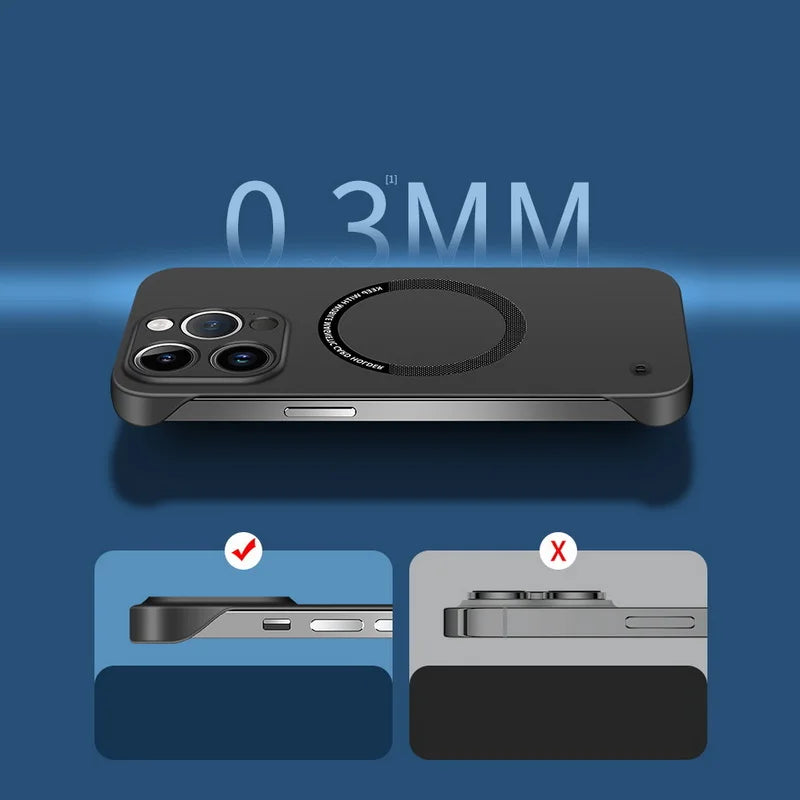 Ultra-thin hard PC MagSafe case for iPhone 15/14 Pro Max, 13/12 Mini/11 Pro Max; frameless, matte solid color.