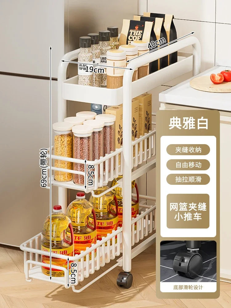 Side of Refrigerator Storage Rack Ultra Narrow Pull-out Seasoning Rack Multifunctional Bathroom Shelf with Pulley Kitchen Cart
