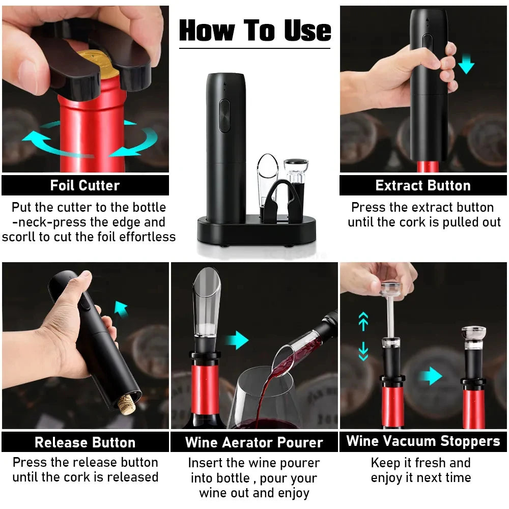 Electric Wine Bottle Opener Gifts Set Rechargeable Black Automatic Wine Opener with Led Light USB Charging Wine Corkscrew Kit