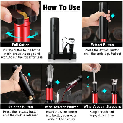 Electric Wine Bottle Opener Gifts Set Rechargeable Black Automatic Wine Opener with Led Light USB Charging Wine Corkscrew Kit