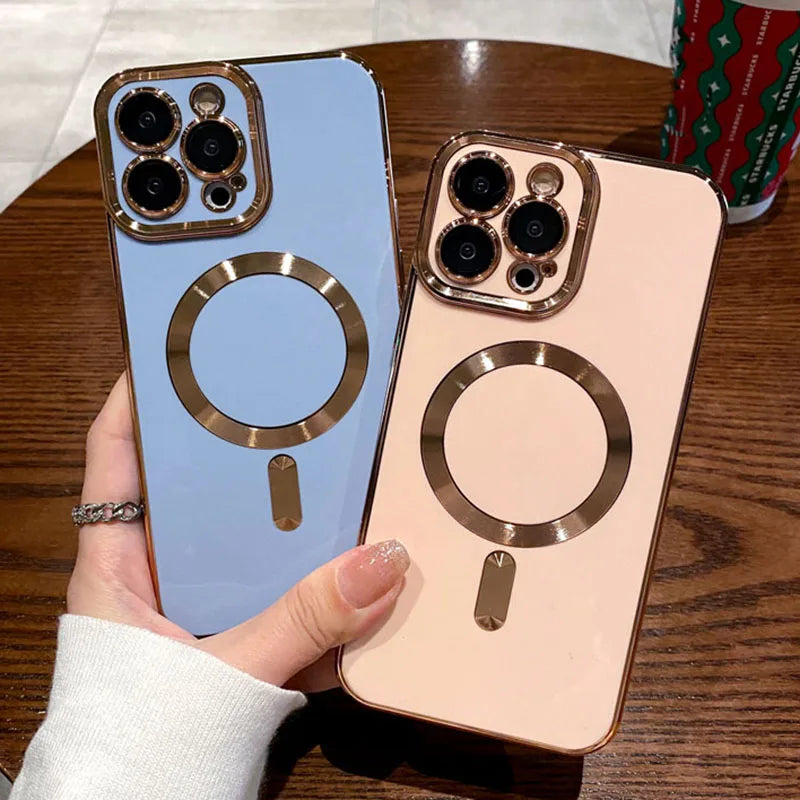 Luxury Plating Solid Color Magnetic Wireless Charge Case For iPhone 11 12 13 14 15 16 17 Air Pro Max Plus Shockproof Soft Cover