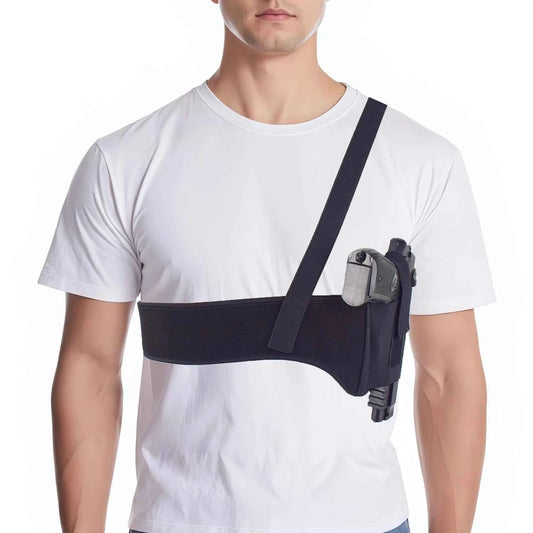 Shoulder concealed underarm holster with neoprene outdoor tactical belt and diagonal strap carrying a pistol.