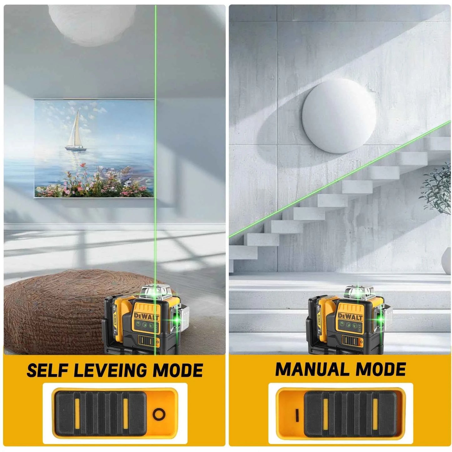 DEWALT DW089 12V Li-Ion Laser Level 12 Line 3×360°Vertical Horizontal Self Levelling Green Beam for Indoor Outdoor Building Work