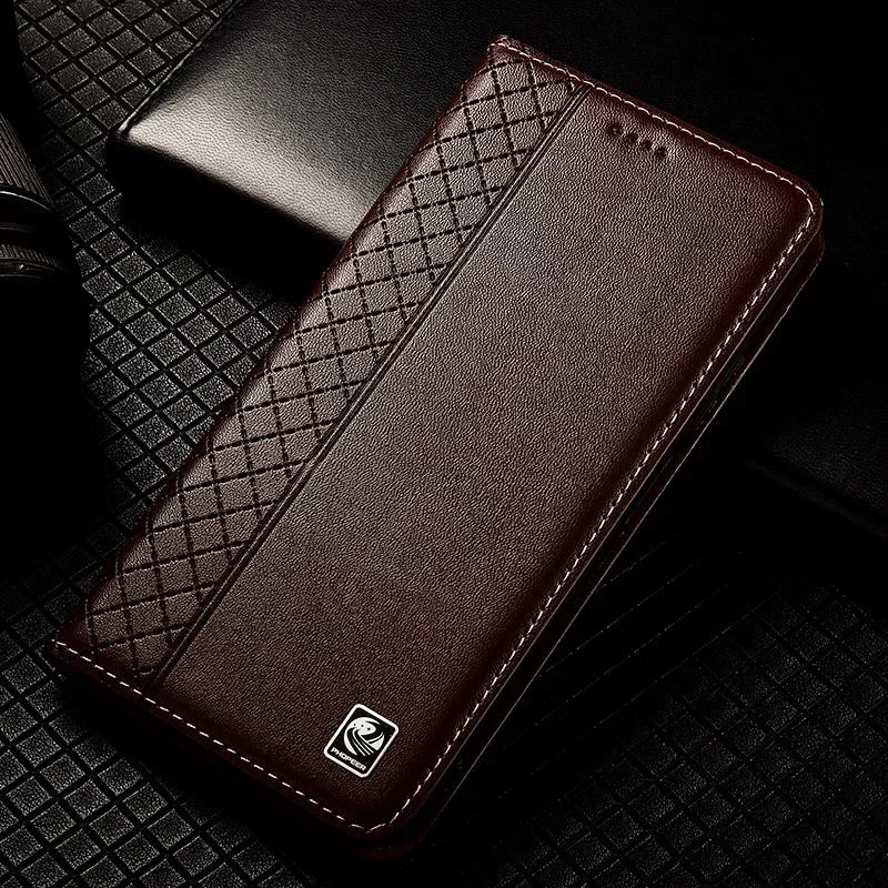 For OnePlus Nord 5 CE5 5G Flip Case Grid Pattern Magnetic Cover Luxury Cowhide Genuine Leather Card Pocket Wallet Cases Covers
