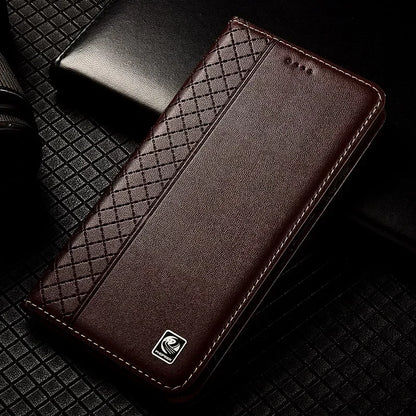 For OnePlus Nord 5 CE5 5G Flip Case Grid Pattern Magnetic Cover Luxury Cowhide Genuine Leather Card Pocket Wallet Cases Covers