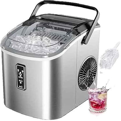 Small ice cubes machine silver, 9 dice in 6 min, 12kg/24H, 2 ice cream sizes & self-cleaning for household/bar