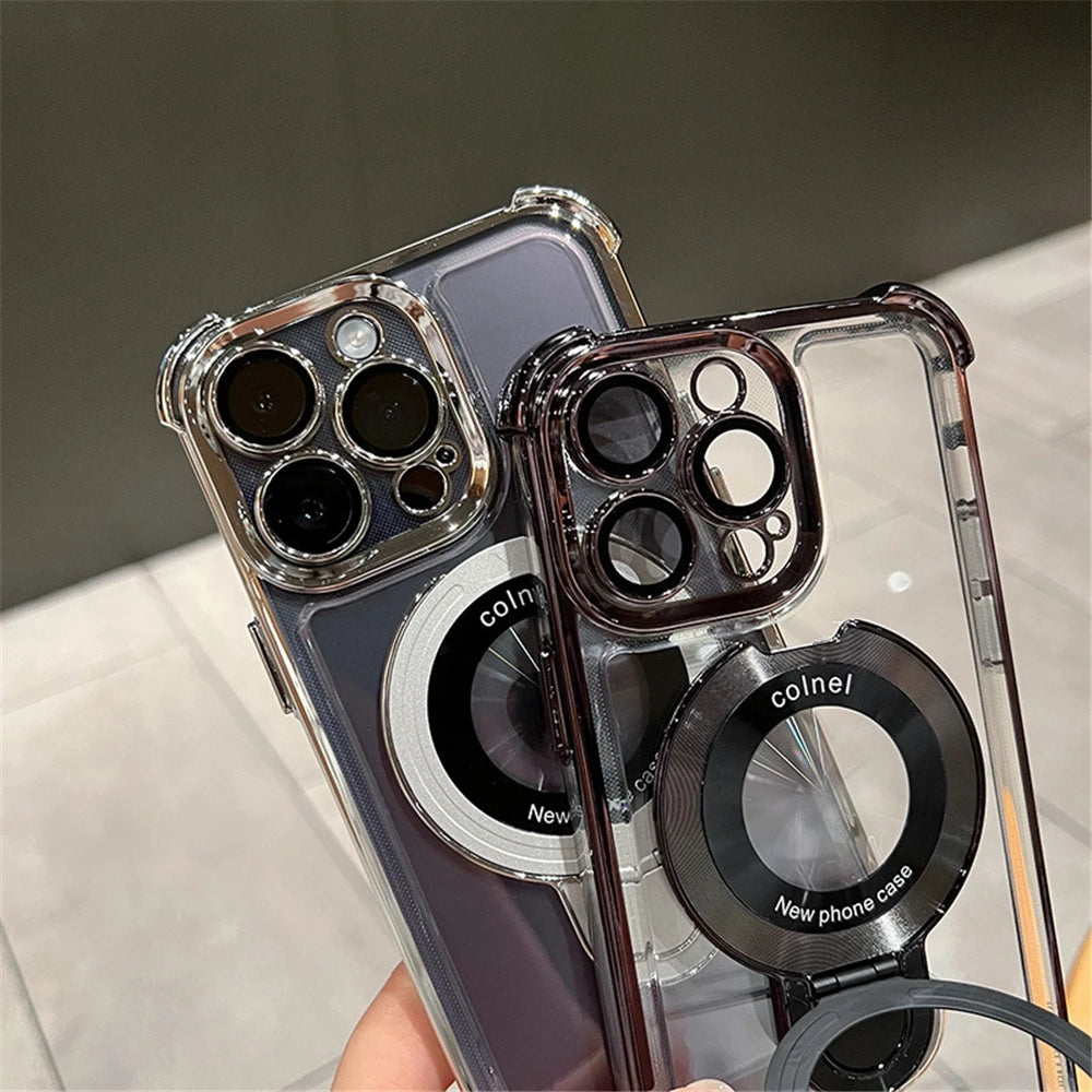 For iPhone 16 Pro Max Luxury Transparent Holder Stand Plating Frame Phone Case For iPhone 13 14 15 Plus 17 Air Protective Cover