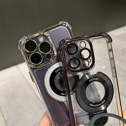 For iPhone 16 Pro Max Luxury Transparent Holder Stand Plating Frame Phone Case For iPhone 13 14 15 Plus 17 Air Protective Cover