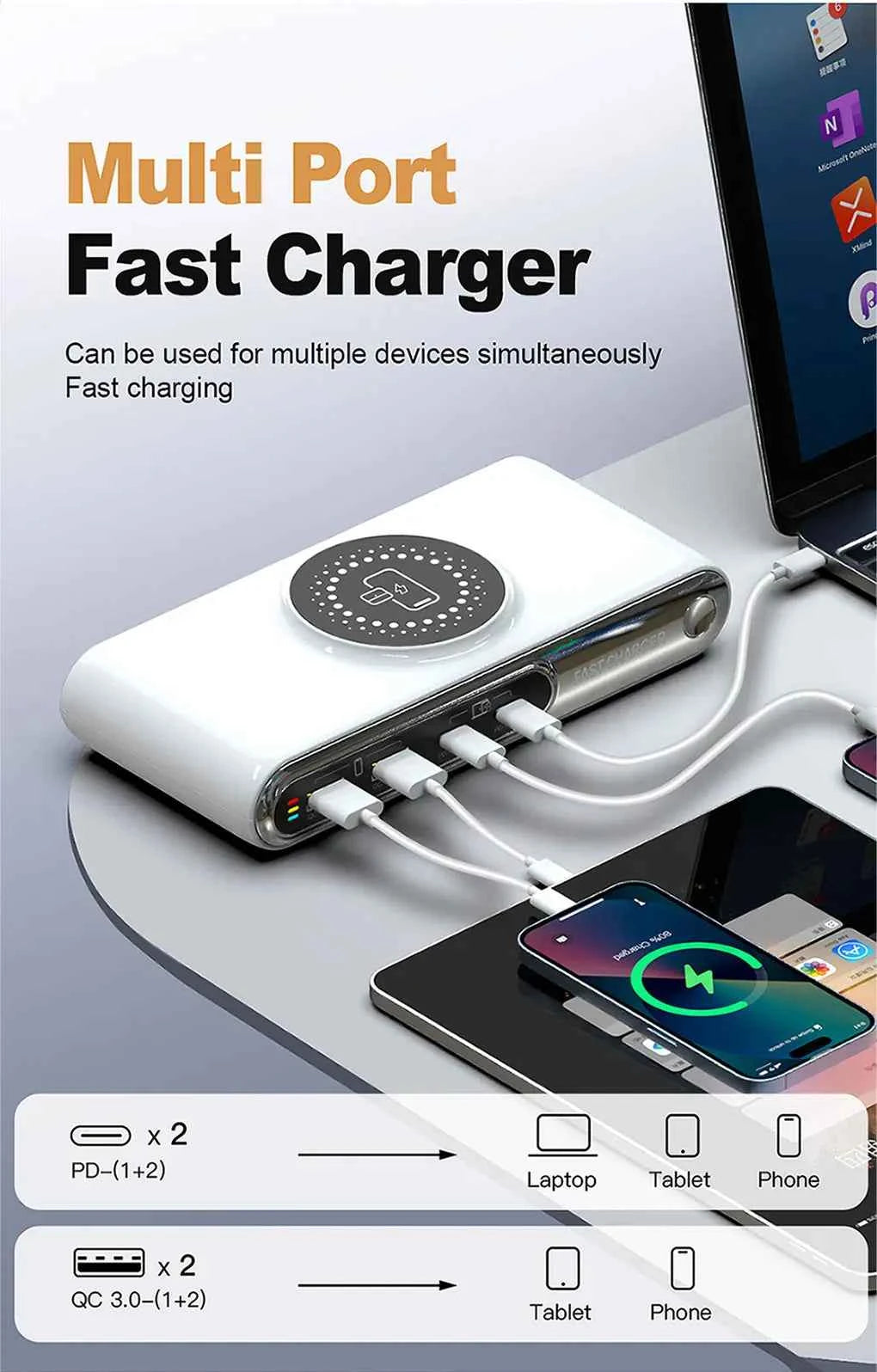 72W 4 Port USB C PD QC Fast Charger Wireless Charging For Phone