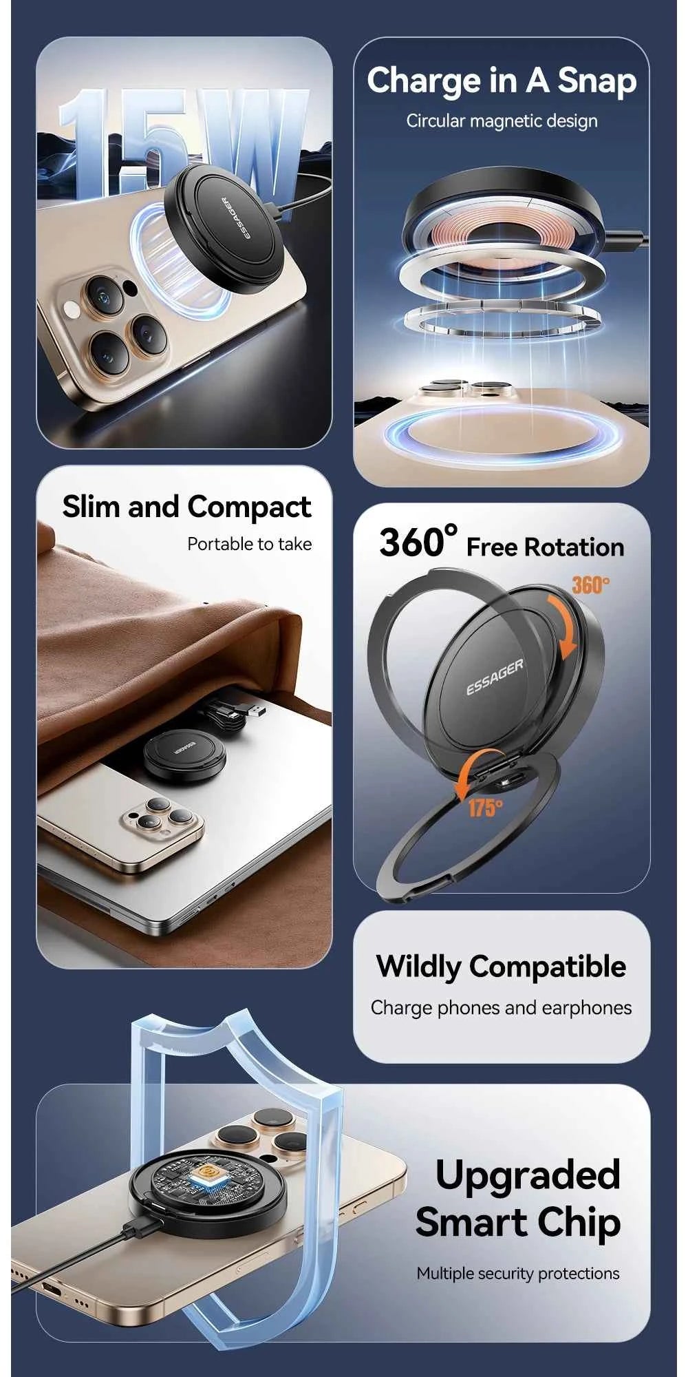 Essager Magnetic Wireless Charger With Holder 15W Fast Charge For iPhone 14 Pro